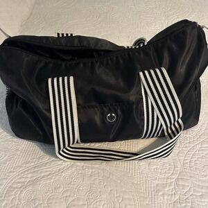 Black Nylon Duffle Bag‎ White Striped Handles Travel Gym Weekend